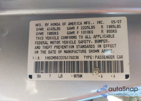 2007 Honda Accord 2.4 Se from USA, damaged, VIN 1HGCM56337A174036